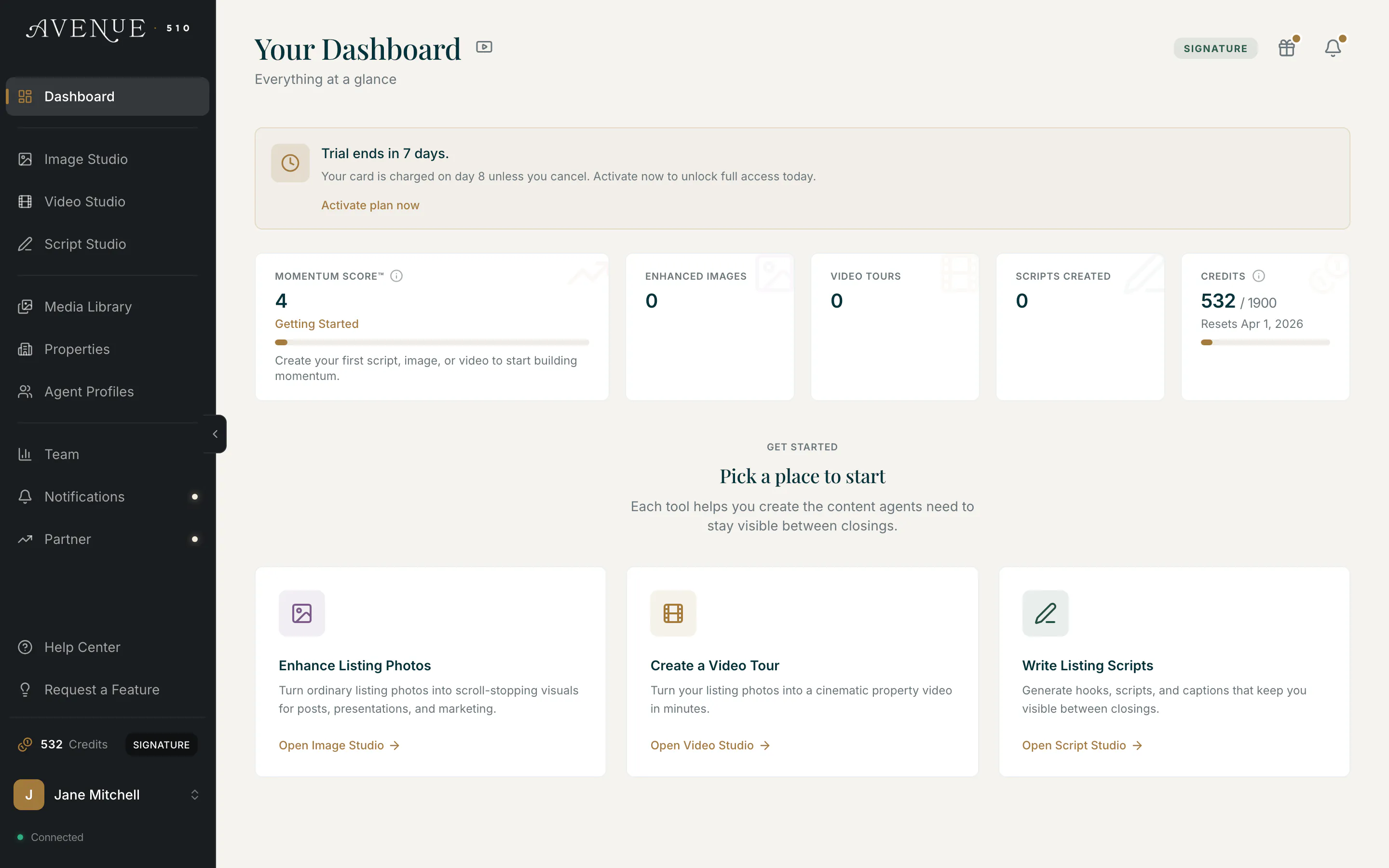 The Avenue 510 dashboard showing Momentum Score, credit balance, and the Get Started cards