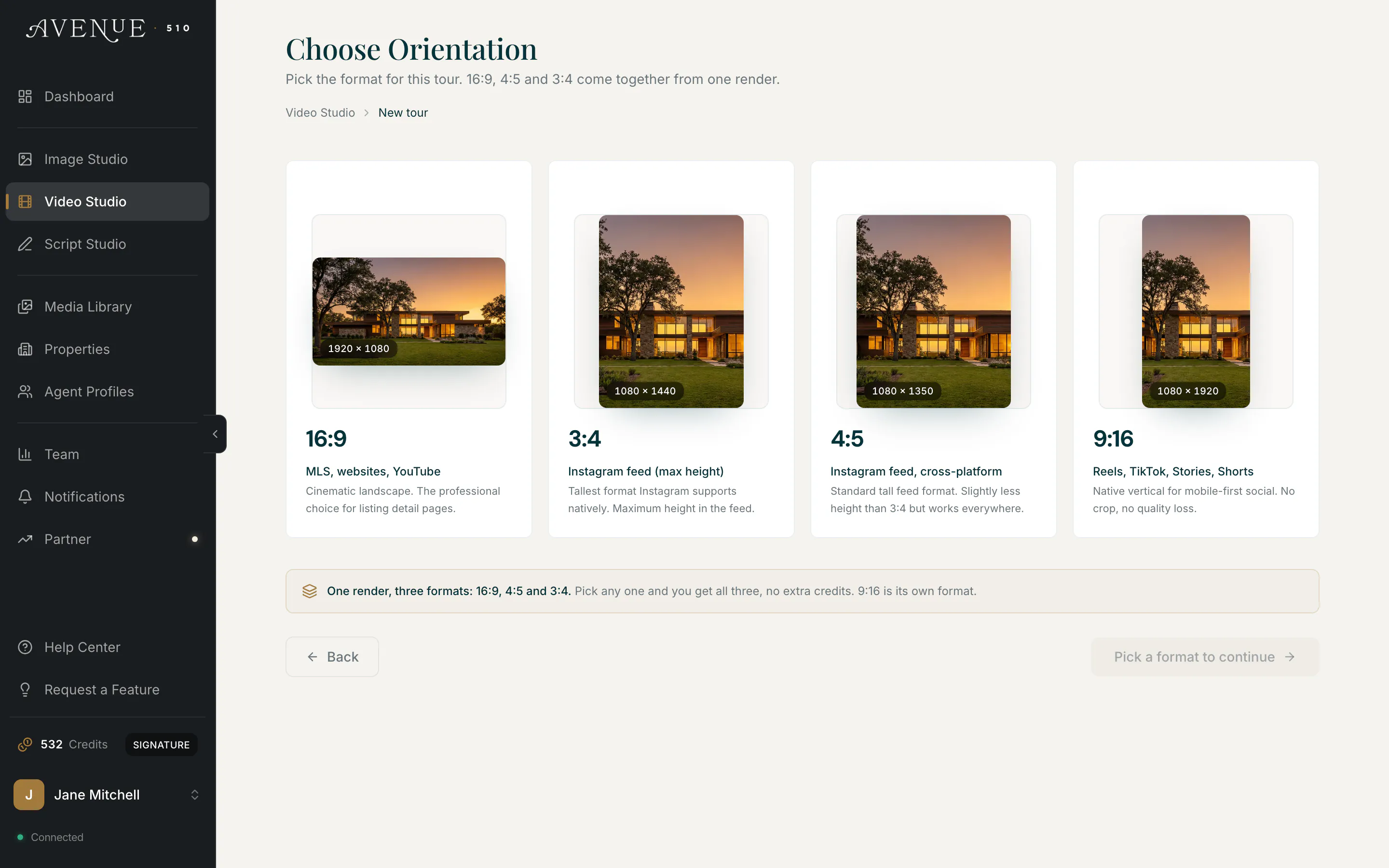 The Choose Orientation screen with 16:9, 3:4, 4:5, and 9:16 options